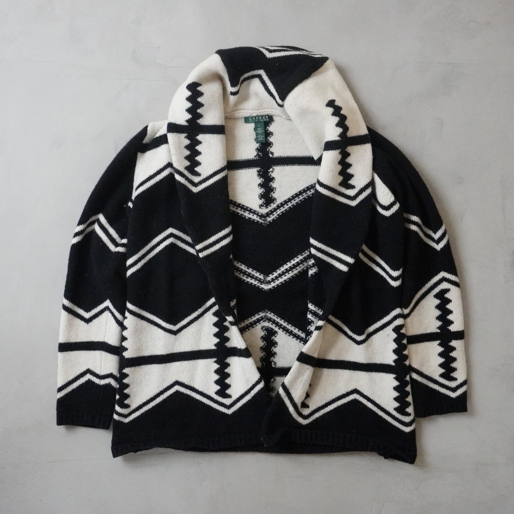 Lauren Ralph Lauren Lambswool Cardigan L Womens Black White Southwestern Shawl